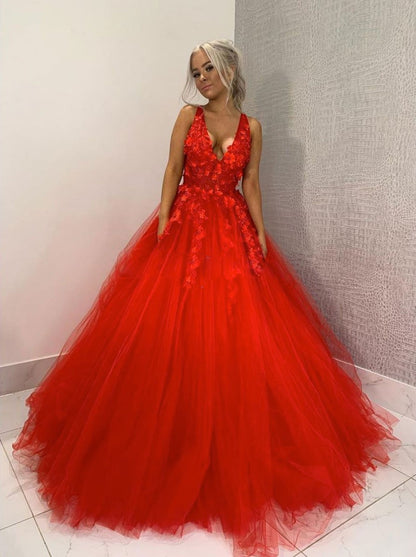 Red v neck tulle lace applique long prom dress, tulle formal dress,DS1939