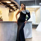 Vintage Satin Ruffles Black Crystal Mermaid Evening Dresses With Bow，DS2850