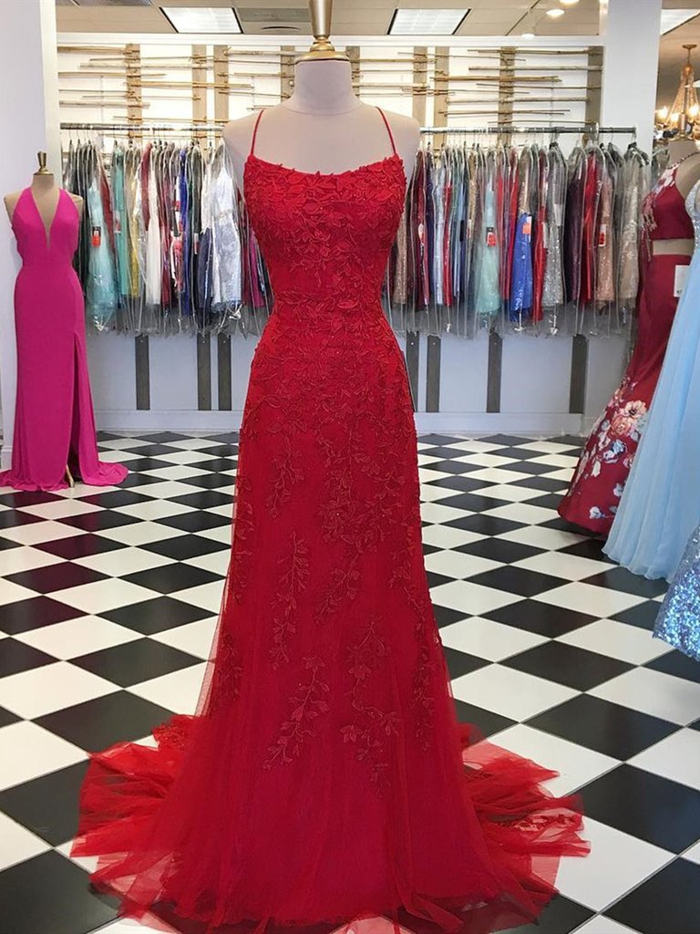 Red Backless Mermaid Lace Prom Dresses, Red Backless Lace Formal Graduation Evening Dresses,DS1793