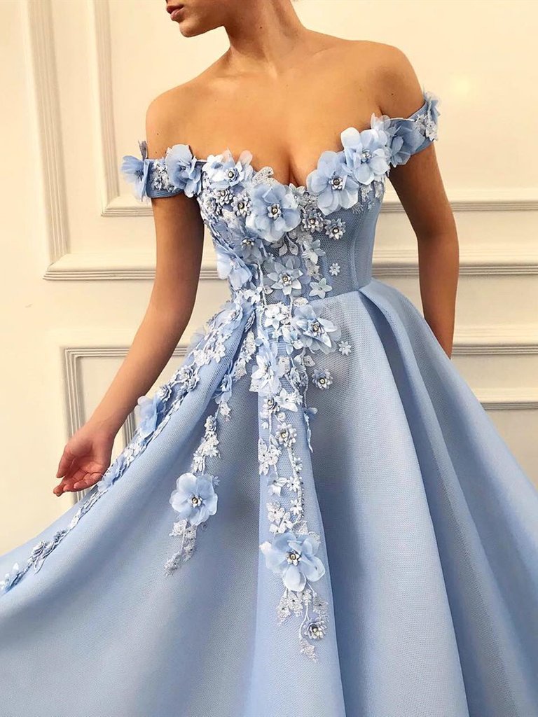 Off Shoulder Blue Lace Prom Dresses Long, Blue Floral Off the Shoulder Formal Graduation Evening Dresses,DS1781