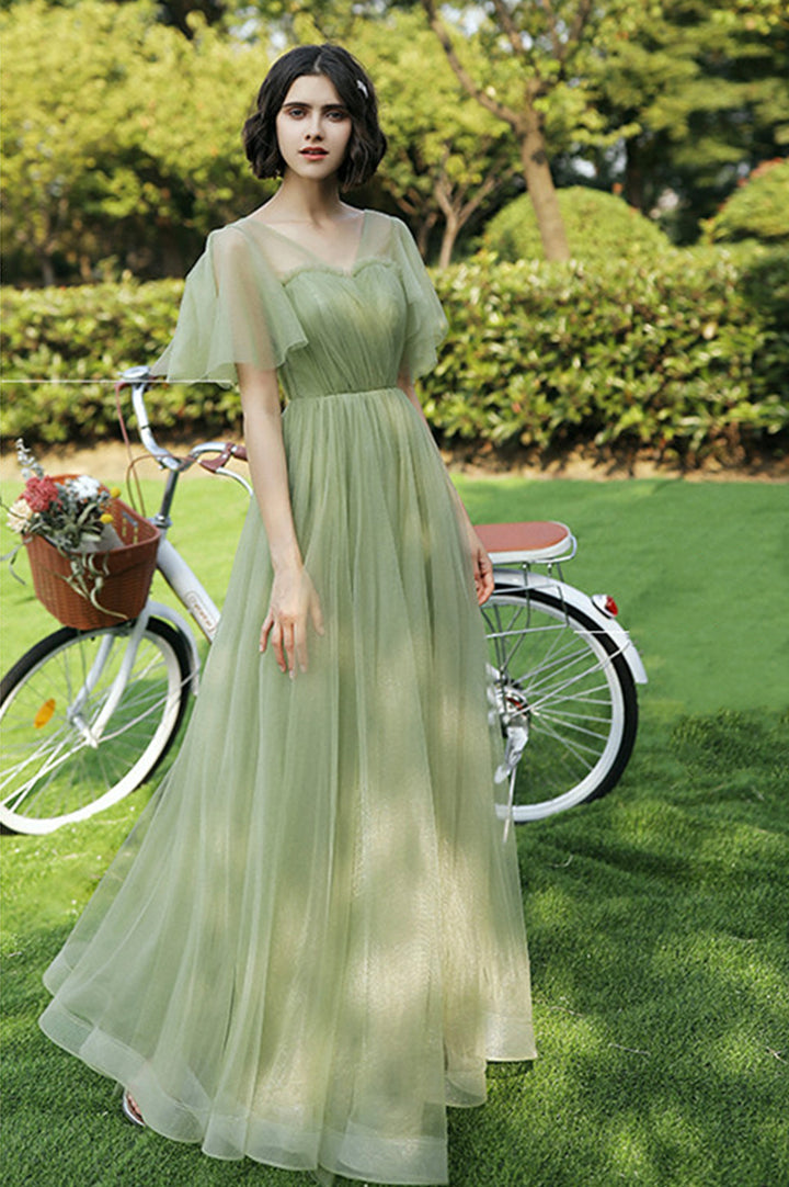 Green tulle long A line prom dress green evening dress,DS4534