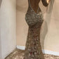 Glamorous Mermaid Long Sleeves Open Back Sequins Long Prom Dress,DS5025