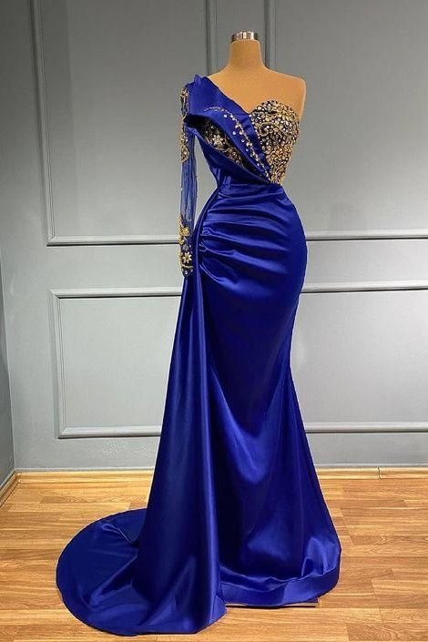Chic Royal Blue Long Sleeves Prom Dress Mermaid One Shoulder With Crystals,DS4673