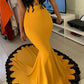 New Arrival Yellow With Black Appliques Prom Dresses South African Girls Junior Graduation Party Gowns Mermaid Deep V Neck Evening Gown ,DS5109