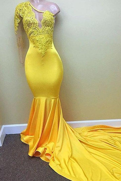 Modern Yellow One Shoulder Mermaid Prom Dress Long Sleeves With Appliques,DS4654