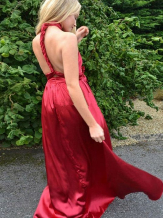 Elegant A Line Deep V Neck Backless Red Satin Long Prom Dresses, Simple V Neck Backless Red Evening Formal Party Dresses,DS3810