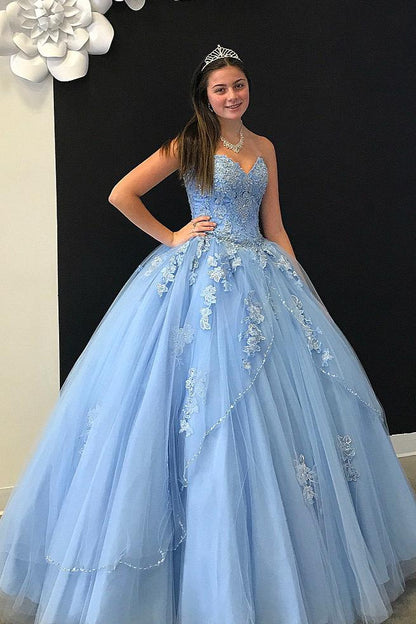Sweetheart Sky Blue Long Ball Gown Prom Dress Tulle Quinceanera Dress with Appliques, Sweet 16 Dresses,,DS0124