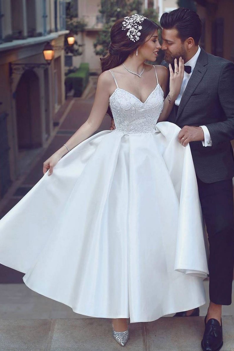 Simple sweetheart white tea length white wedding dress,DS2340