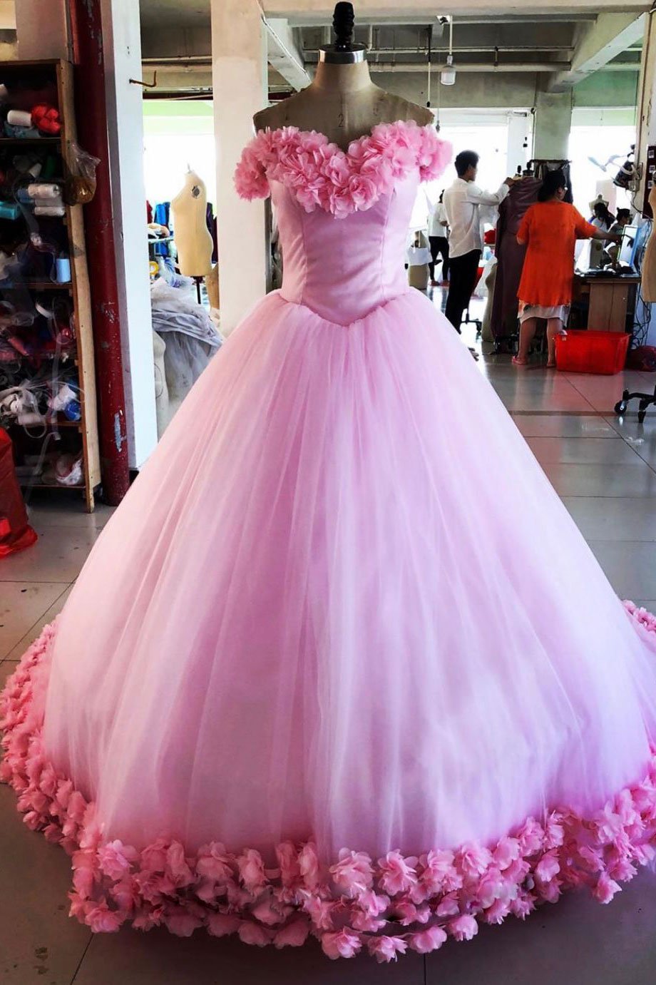 Pink tulle 3d flower tulle long prom gown, pink tulle evening dress,DS2383