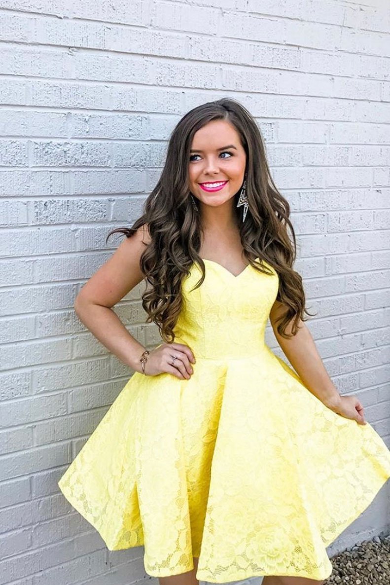 Cute yellow lace short prom dress yellow homecoming dress,DS1199