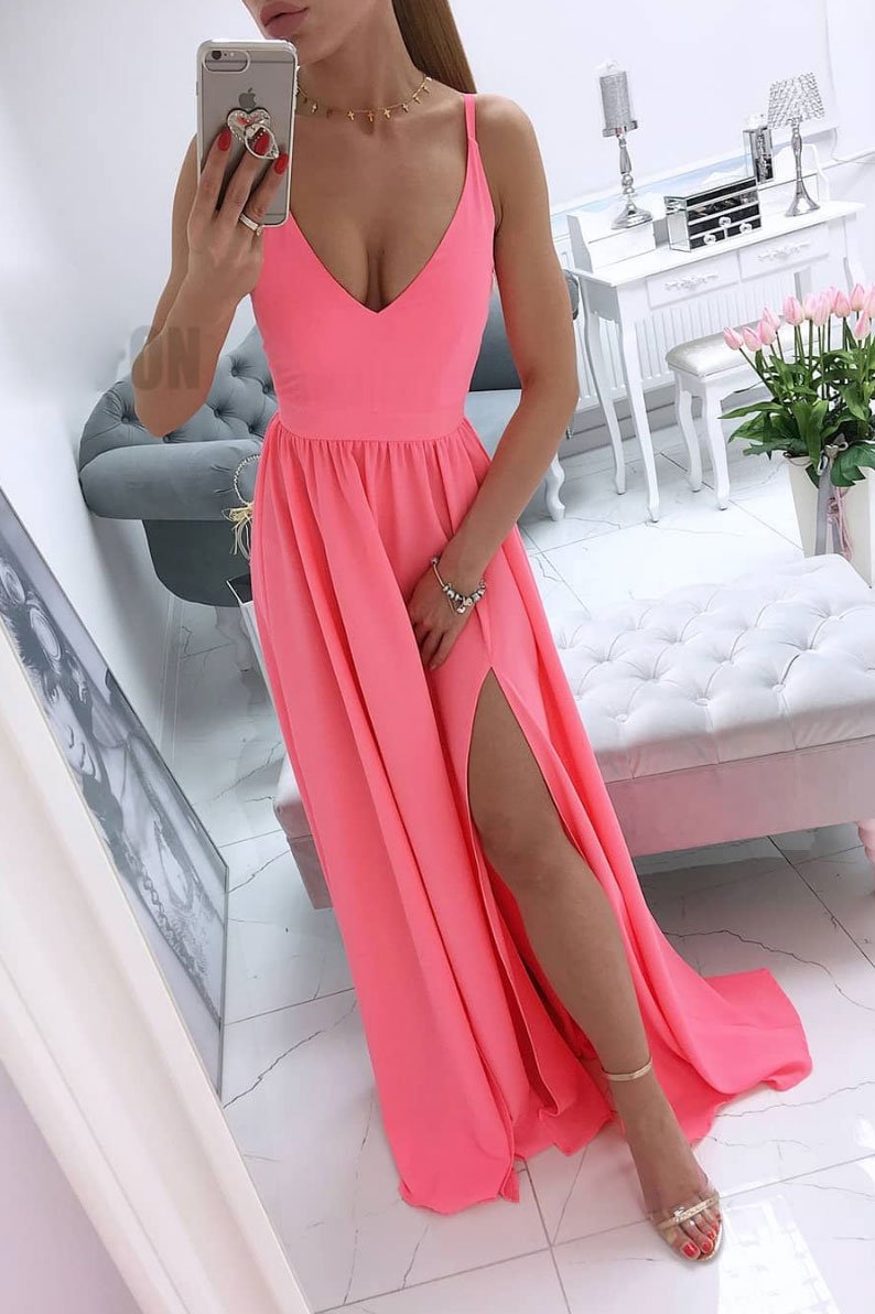 Simple v neck coral chiffon long prom dress, coral evening dress,DS2437