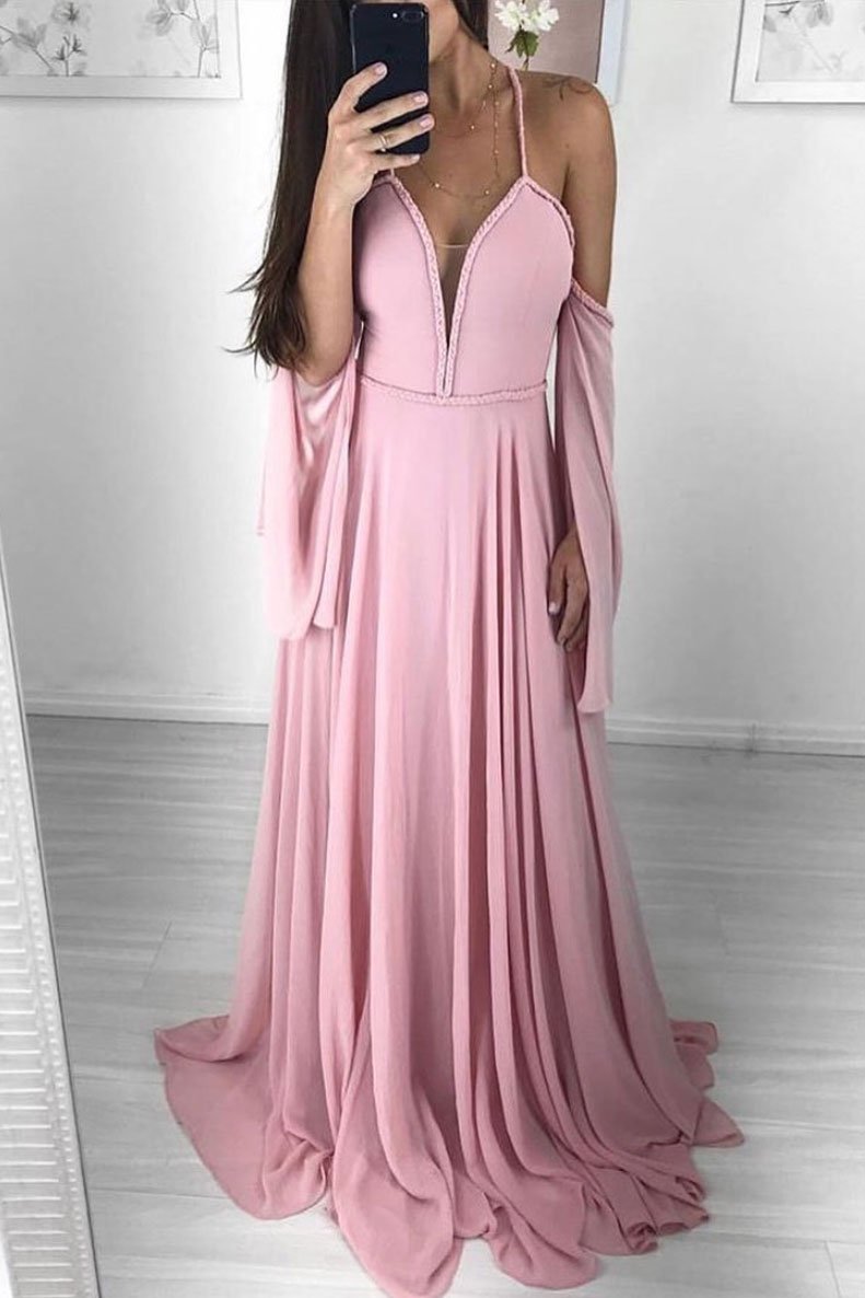 Pink sweetheart chiffon long prom dress, pink evening dress,DS2408