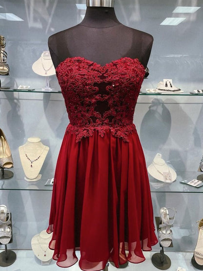 Burgundy sweetheart neck chiffon lace short prom dress,DS0845