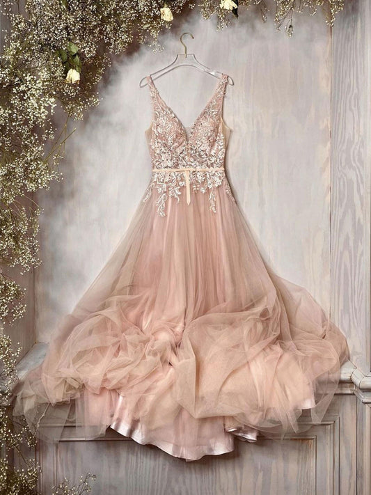 CHAMPAGNE V NECK TULLE LACE LONG PROM DRESS, A LINE BRIDESMAID DRESS,F04746