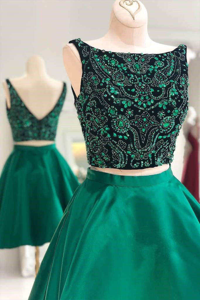 Two Piece Green Beaded Top Homecoming Dress,DS0929