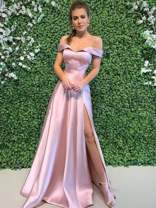 Simple pink off shoulder long prom dress, pink evening dress,DS1986
