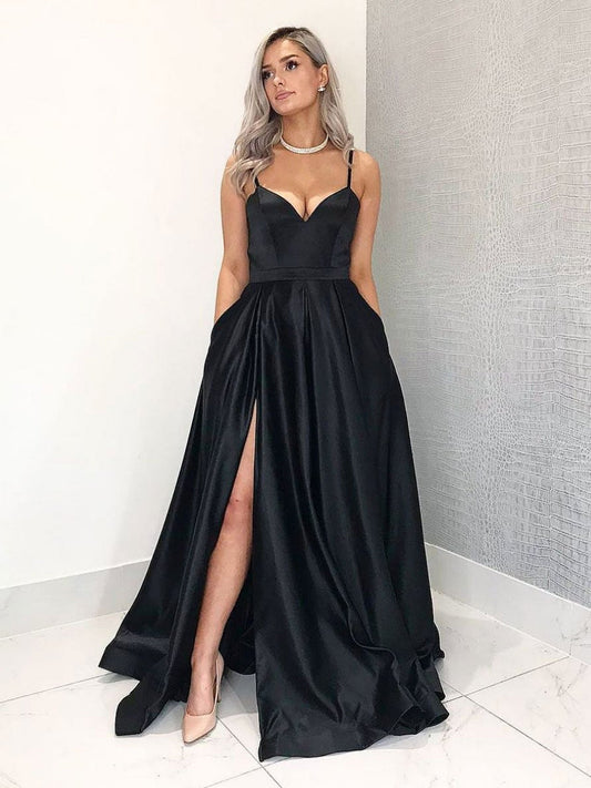Simple black satin long prom dress, black evening dress ,DS4013