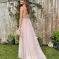 Light pink v neck tulle beads long prom dress, light pink evening dress,DS1947