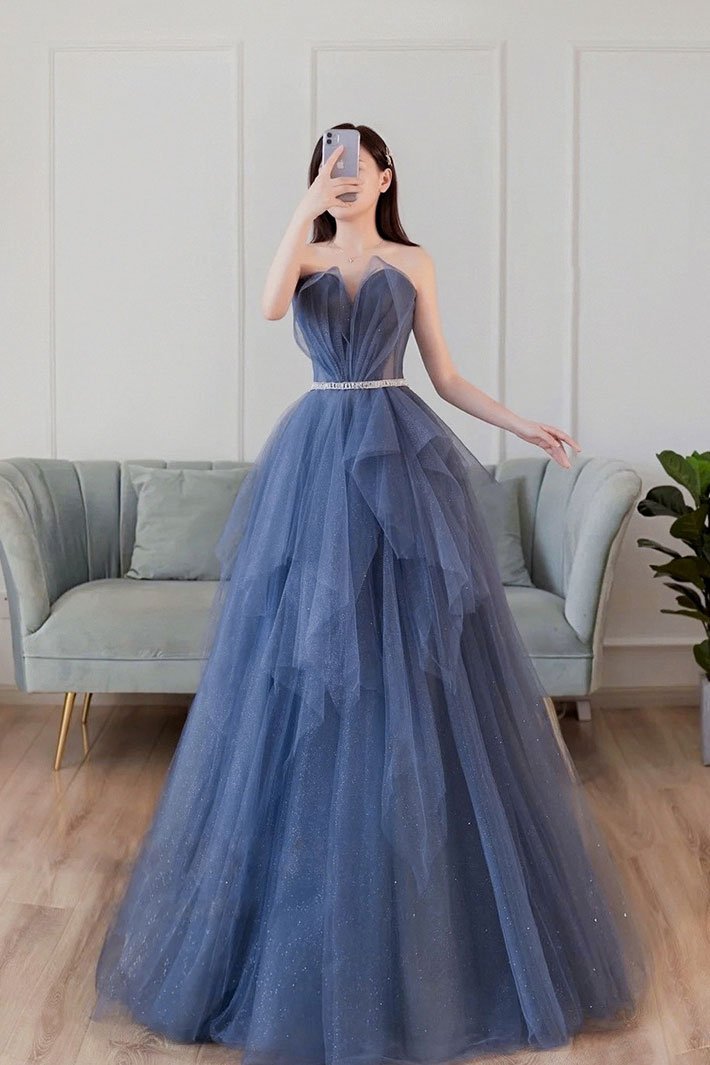 Blue sweetheart neck tulle long prom dress blue tulle formal dress,DS2024