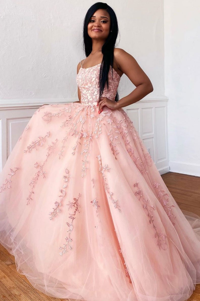 Pink tulle lace long prom dress pink lace formal dress,DS2085