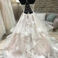 Champagne v neck tulle lace long prom dress, champagne evening dress,DS1941