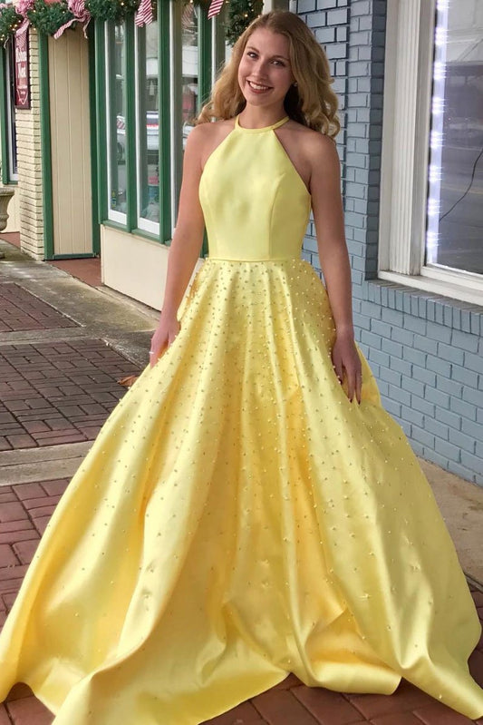 Yellow satin beads long prom dress yellow formal dress,DS2079