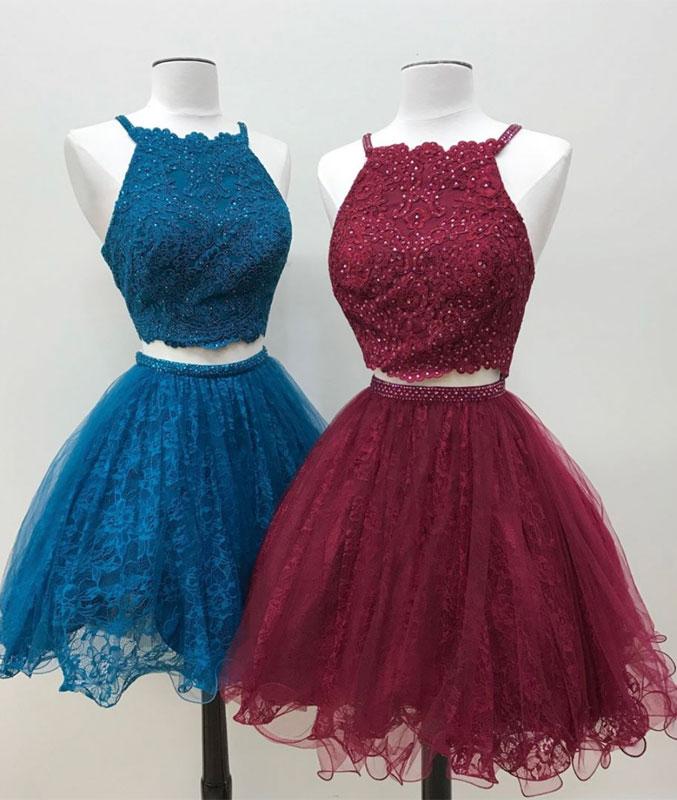 Cute two pieces lace tulle beads short prom dress, lace homecoming dress,DS1303
