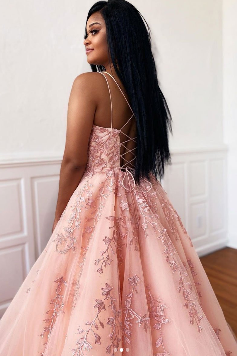 Pink tulle lace long prom dress pink lace formal dress,DS2085