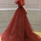 Burgundy off shoulder tulle long prom dress, burgundy evening dress,DS4545