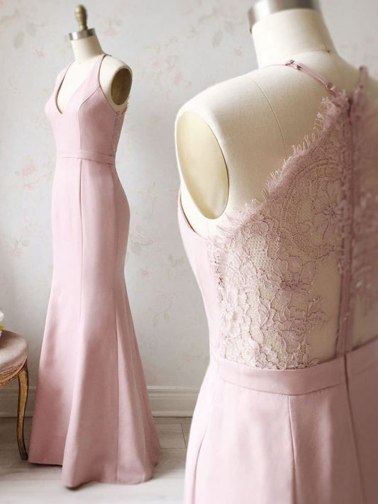 Pink v neck satin lace long prom dress, lace bridesmaid dress,DS1977