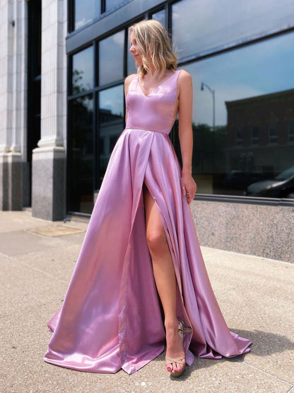Simple pink satin long prom dress, pink long bridesmaid dress,DS1985