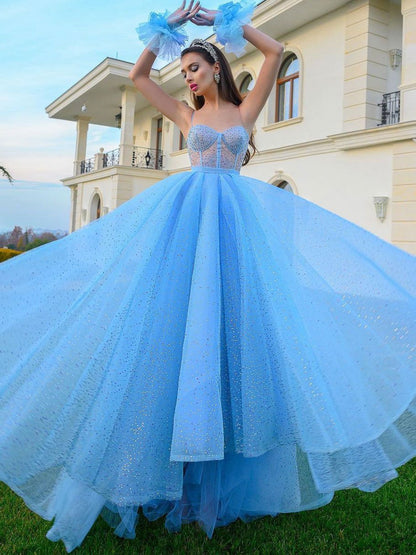 Blue sweetheart neck tulle sequin long prom dress, blue evening dress,DS1938