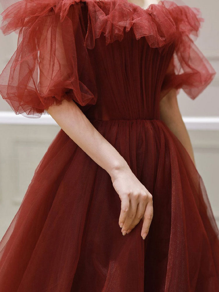 Burgundy off shoulder tulle long prom dress, burgundy evening dress,DS4545
