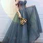 A-line sweetheart neck gray blue tulle long prom dress blue evening dress,DS3986