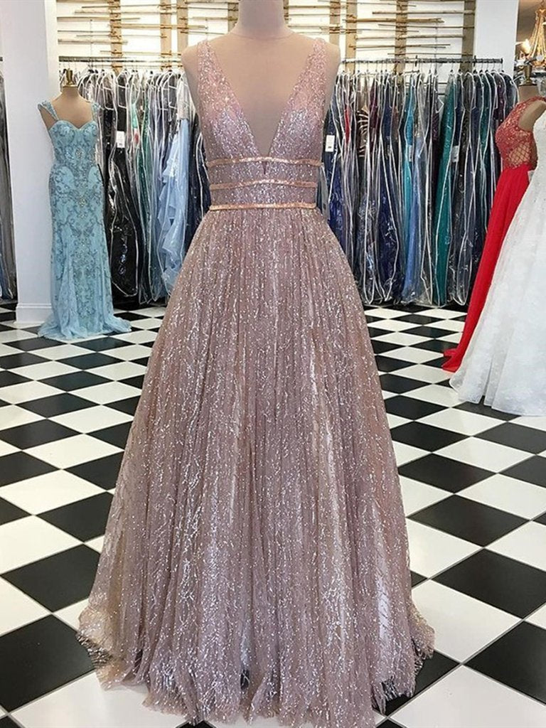 Deep V Neck Floor Length Prom Dress with Sequins, V Neck Formal Dresses, Graduation Dress with Sequins,DS1800
