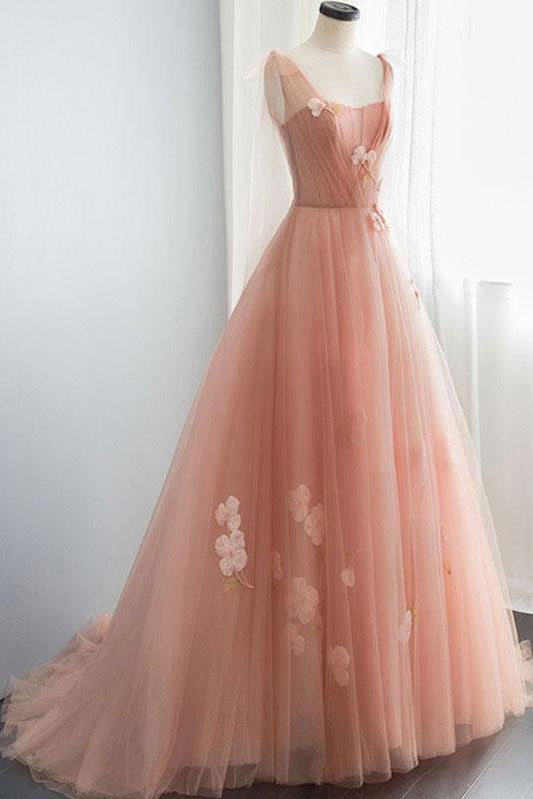 APPLIQUES STRAPS LONG PINK TULLE FLOWERS PROM DRESS,DS2967