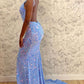V-Neck Light Blue Sequins Mermaid Long Prom Dress,WD5754