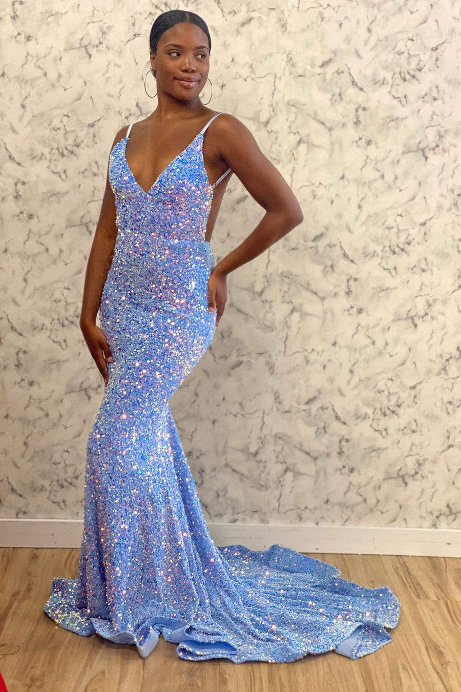 V-Neck Light Blue Sequins Mermaid Long Prom Dress,WD5754