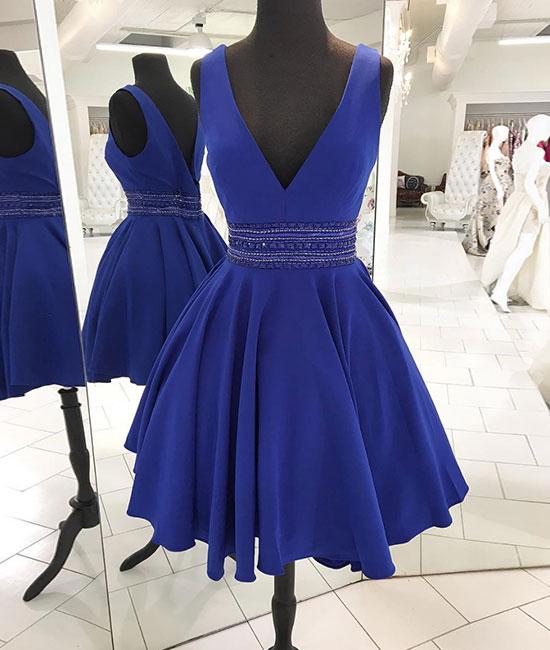 Blue v neck satin short prom dress, blue homecoming dress,DS1286