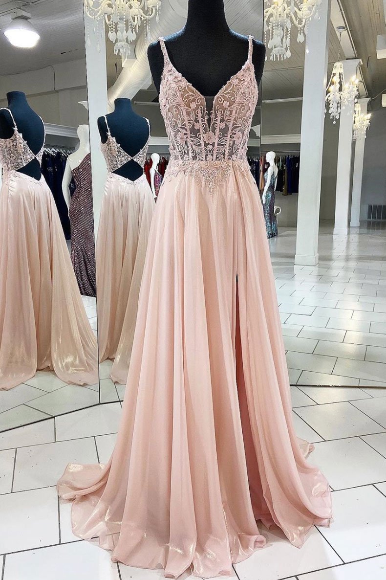 Pink v neck lace chiffon long prom dress, pink formal dress,DS2317