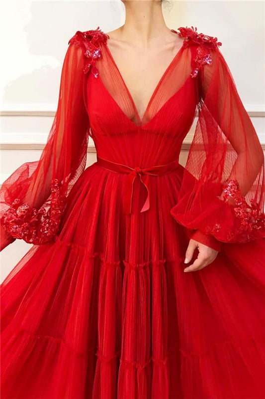 CHIC V-NECK LONG SLEEVESS RED TULLE PROM PARTY GOWNS| CHARMING BALL GOWN APPLIQUES BEADING LONG PROM PARTY GOWNS,DS3574