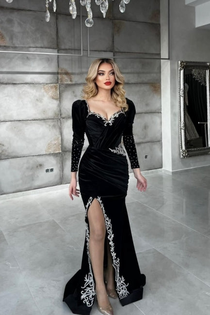 Sexy Black Sequined Column Appliques Long Sleeves Split Front Floor-length Prom Dresses,F04790