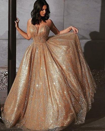 Sweetheart Neck Spaghetti Straps Gold Sequins Prom Dresses, Golden Formal Dresses, Graduation Dresses,DS1801