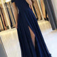 Dark blue lace chiffon long prom dress blue lace bridesmaid dress,DS2045