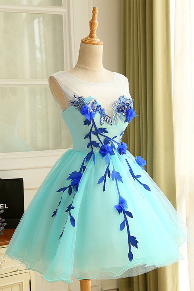 Cute blue tulle short prom dress, cute homecoming dress,DS1008