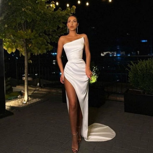 Sexy Prom Dresses Sheath Floor Length Satin Slit Dubai Saudi Arabic Long Robe De Soiree Prom Gown Evening Dresses,DS4060
