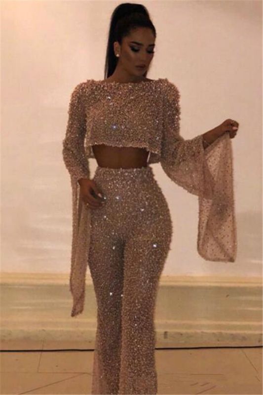 Sexy Beads Sequins Open Back Evening Dresses Luxury | 2022 Long Sleeves Jumpsuits Prom Dresses,DS2922