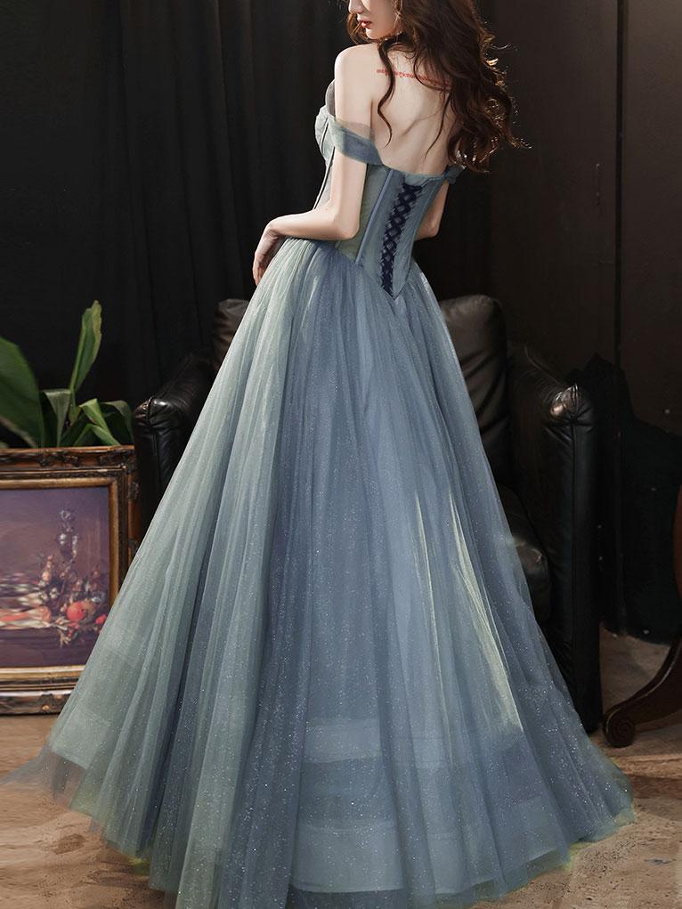 A-line sweetheart neck gray blue tulle long prom dress blue evening dress,DS3986