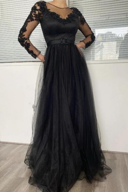 Sexy Black Long Sleeves Prom Dress Lace Evening Gowns,DS2758