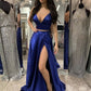 Simple Blue Satin Prom Dresses For Women V-Neck Two Pieces Evening Dresses High Slit Formal Dresses,DS5148